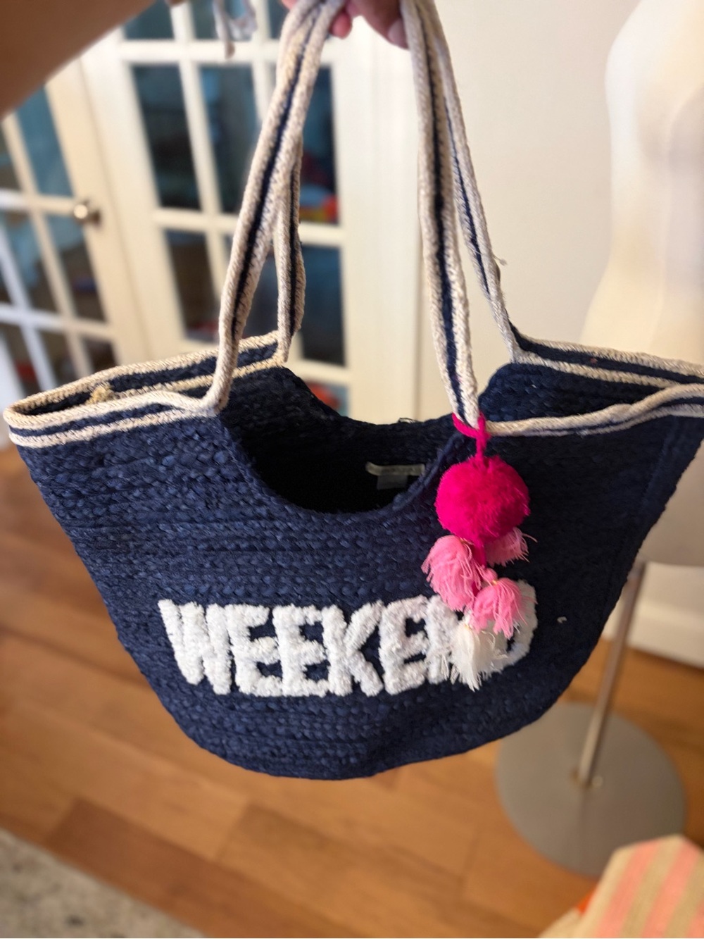 Weekend Navy Straw Tote with Pink Pom Pom Accent